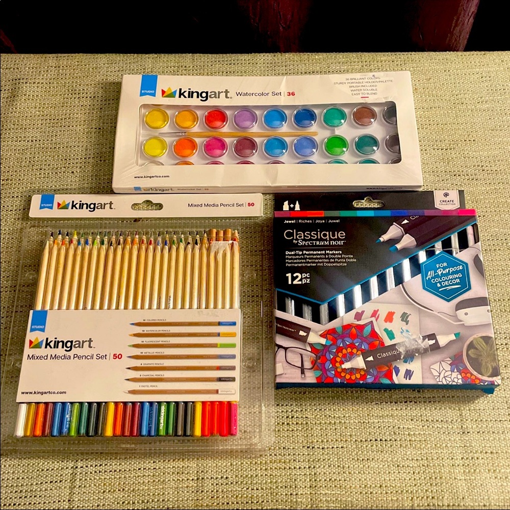 Art Supplies Bundle - King Art Colored Pencil Set, Watercolor Set & Marker Set